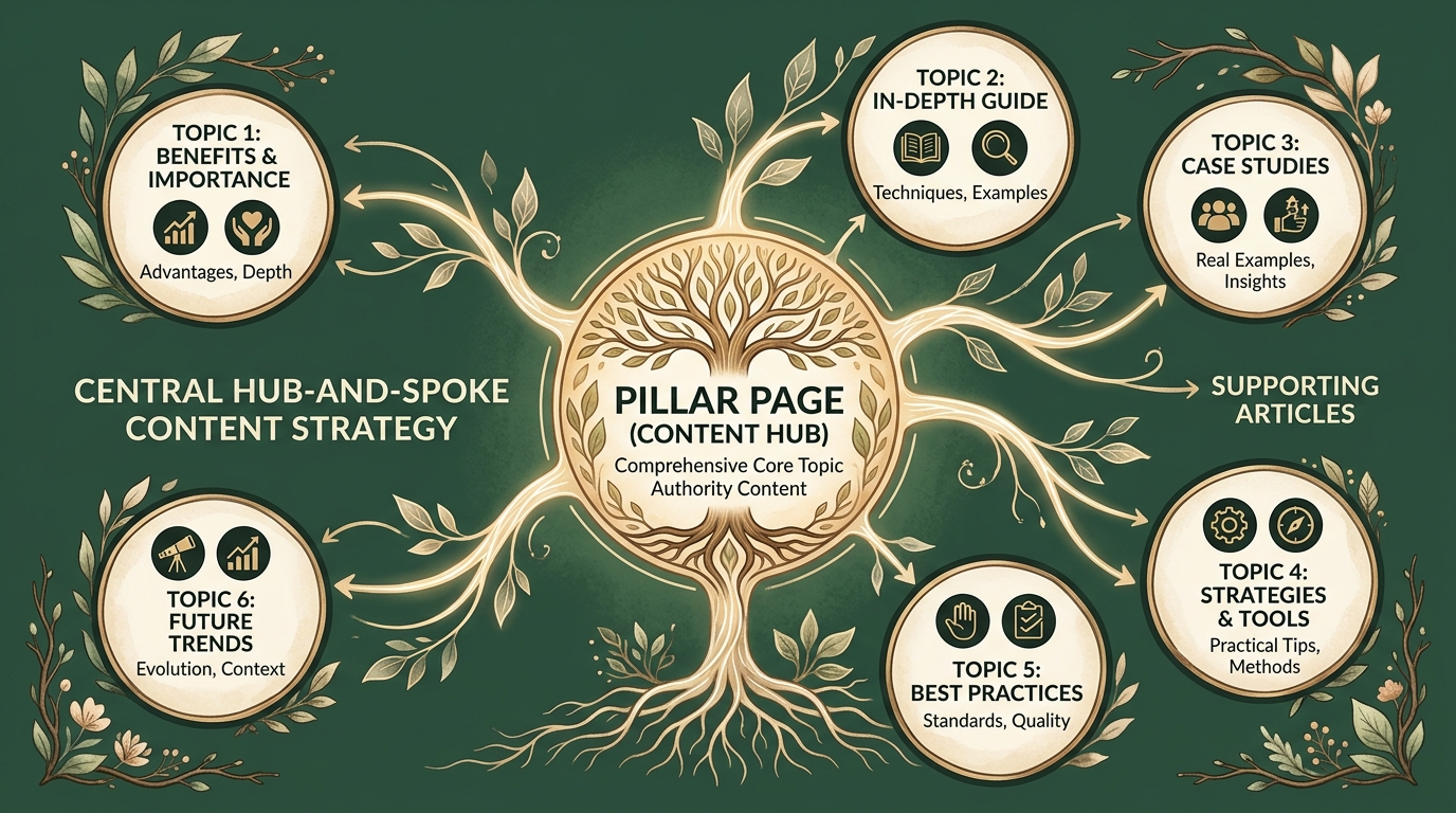 a hub-and-spoke map showing a central pillar page connected to several supporting article pages
