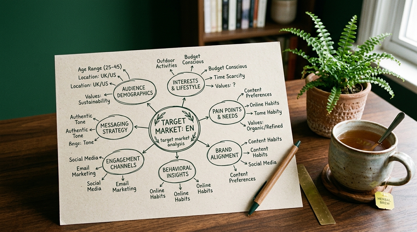 A hand-drawn topic cluster diagram on paper with one central topic and branching subtopics connected by lines, beside a cup of tea and a small potted fern