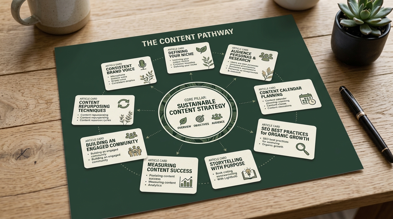 Printed topic cluster diagram with a central pillar topic and supporting article cards arranged around it on a light wooden table