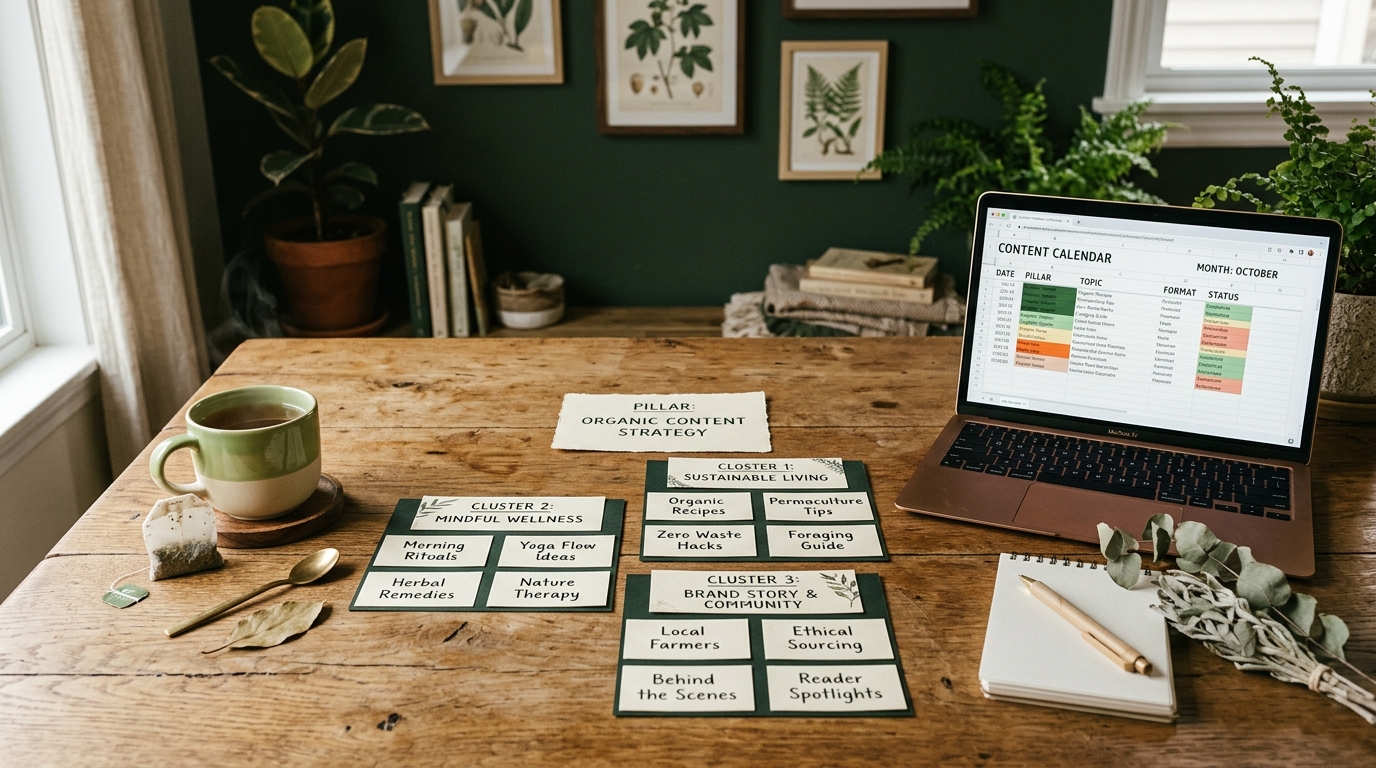 A wooden table with paper cards arranged in clusters under one pillar card, with a laptop displaying a content calendar and a cup of tea beside it