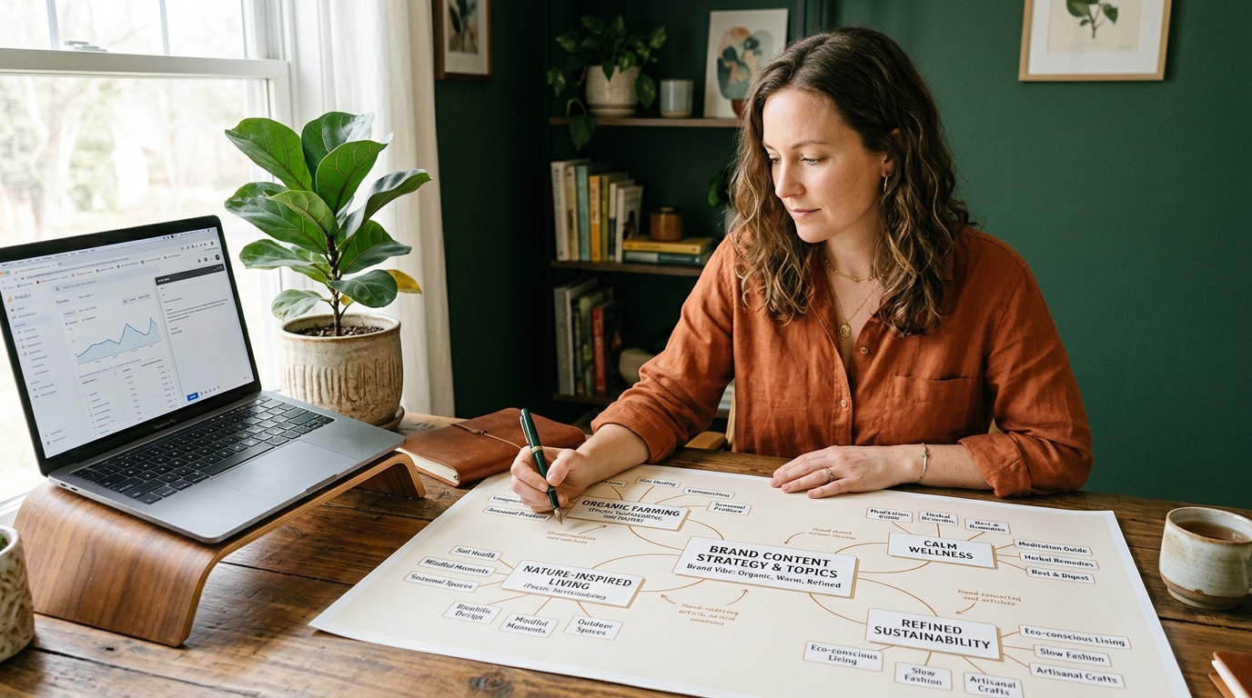 A marketing lead reviewing a printed map of connected article topics, with one large central card and smaller linked cards arranged around it on a warm wooden desk beside a laptop and a potted plant