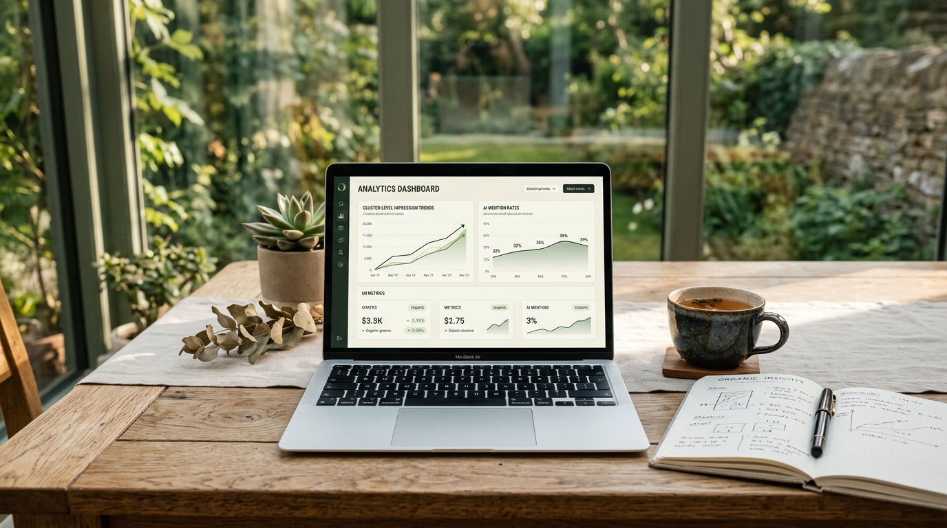 A laptop on a sunlit table showing a clean dashboard with cluster-level impression trends and AI mention rates, next to a notebook and a cup of tea