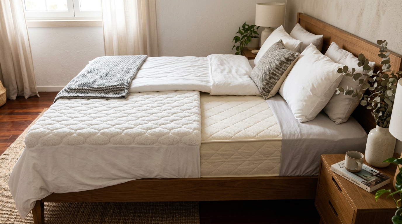 Fotografia realista de uma cama de casal com um topper visível apenas num dos lados, com textura diferente da superfície do colchão