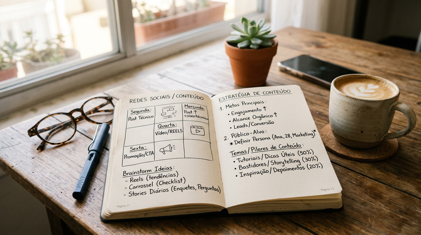 Fotografia de um caderno de notas aberto em cima de uma mesa de trabalho com anotações manuscritas sobre estratégia de conteúdo para redes sociais, com um café ao lado e luz natural de janela