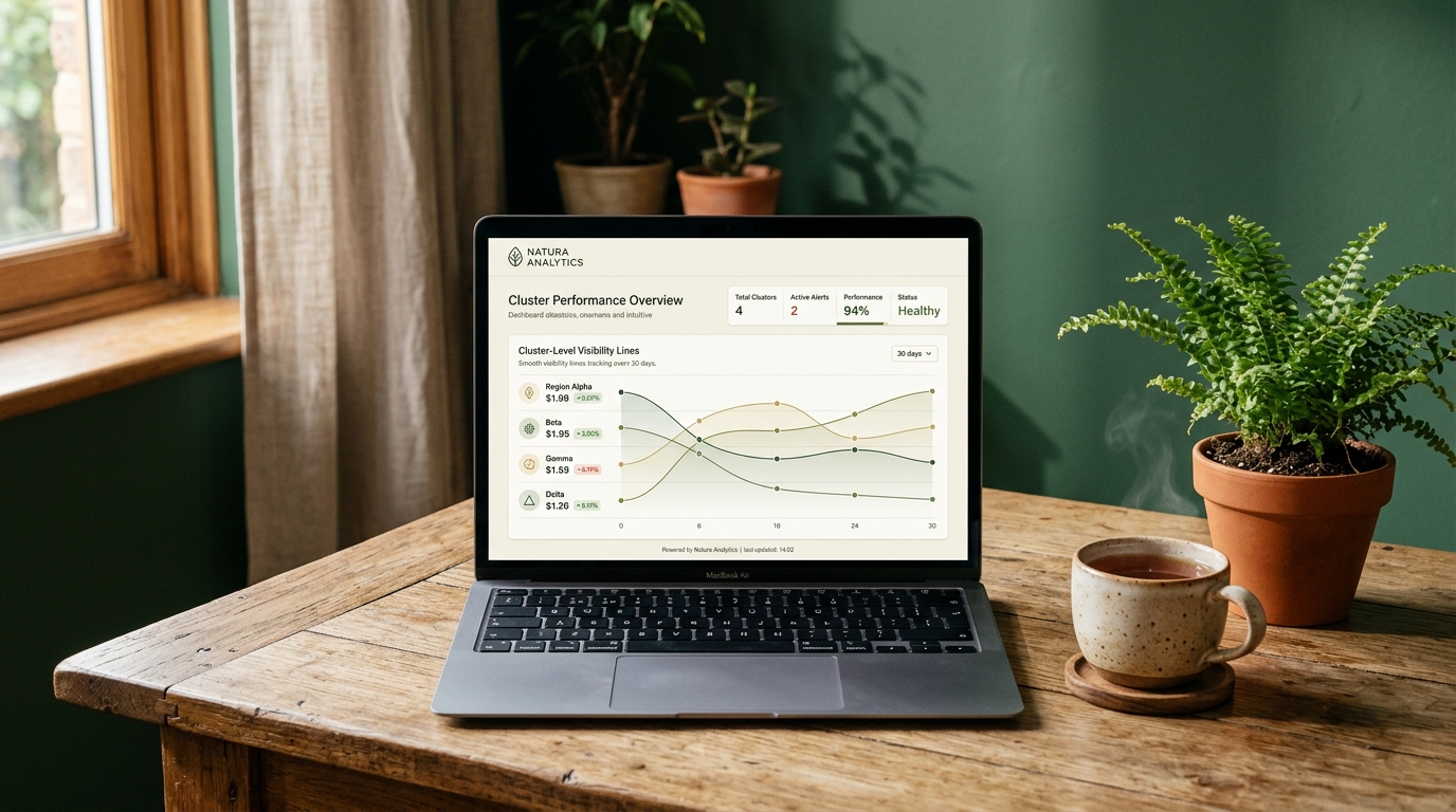 A laptop on a wooden table displaying a clean dashboard with cluster-level visibility lines, next to a cup of tea and a small fern