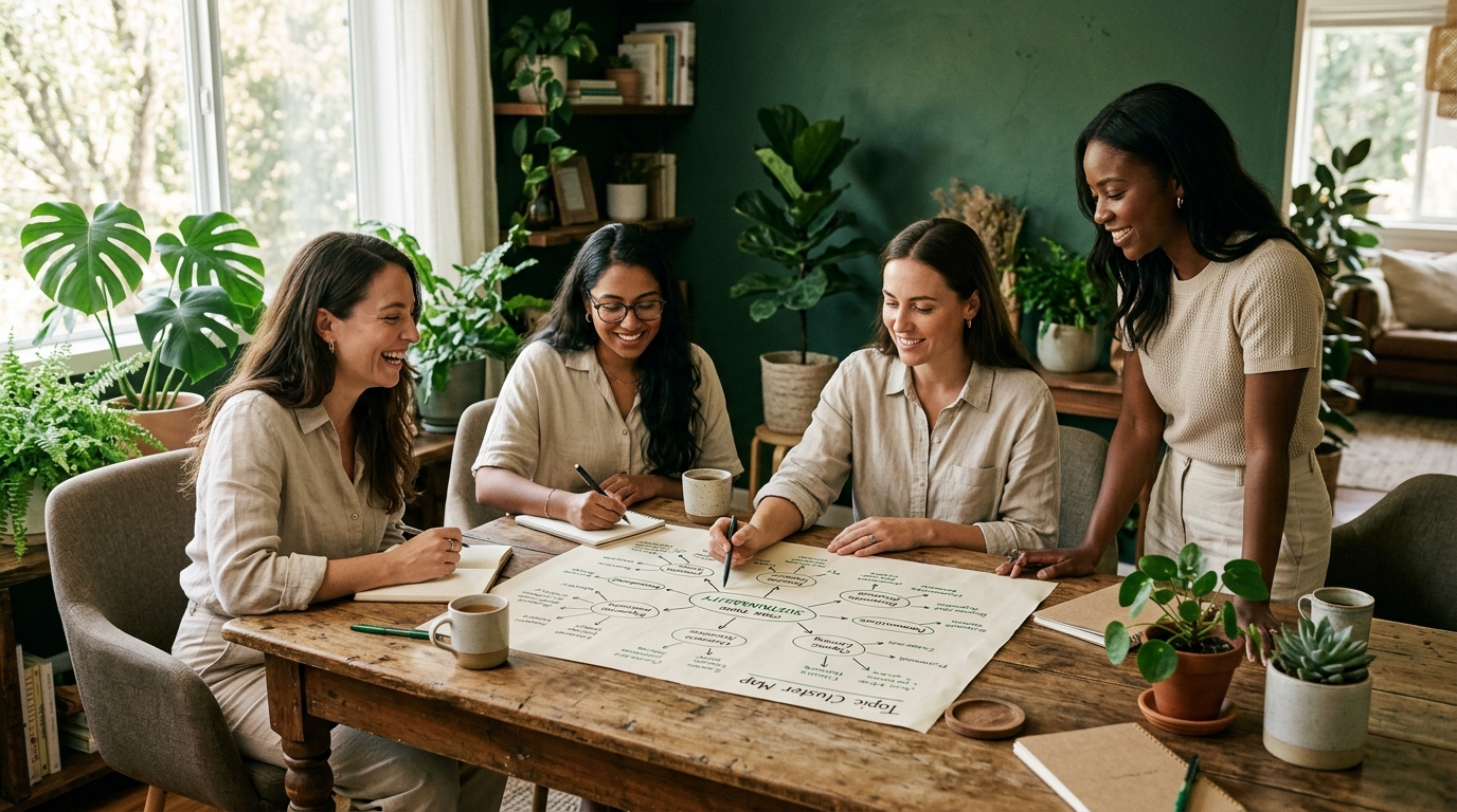 a small team around a wooden table reviewing a single topic cluster map on paper, with notes, green plants, and soft morning light