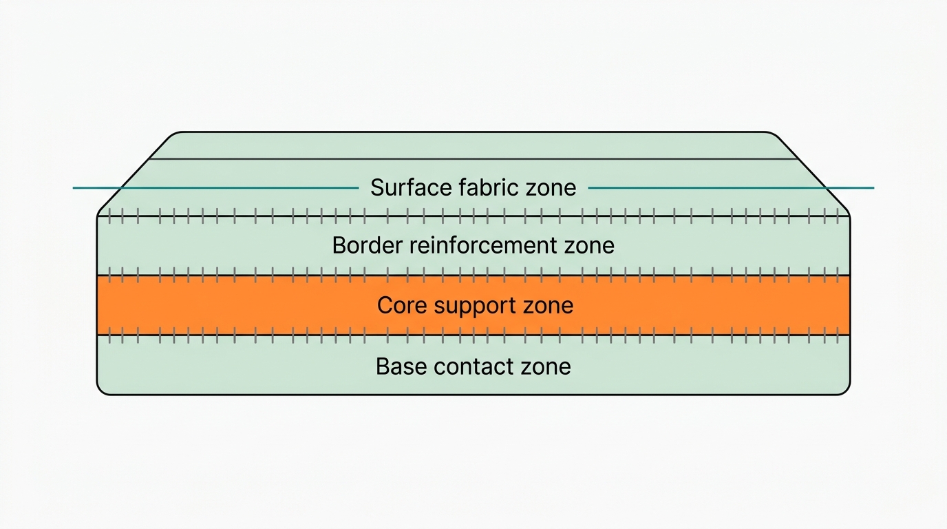 Flat vector diagram showing a mattress rectangle in landscape orientation, cross-section view with 4 labeled inspection zones using small tick marks in #7A7A7A: surface fabric zone, border reinforcement zone, core support zone, and base contact zone. Zones marked as acceptable are filled in #CCE3D4, a zone indicating caution is filled in #FF8A30. A thin straight horizontal guide line in #008282 runs across the top surface. Background #F9F9F9, generous whitespace, no human figures, no text labels, no bedroom elements.