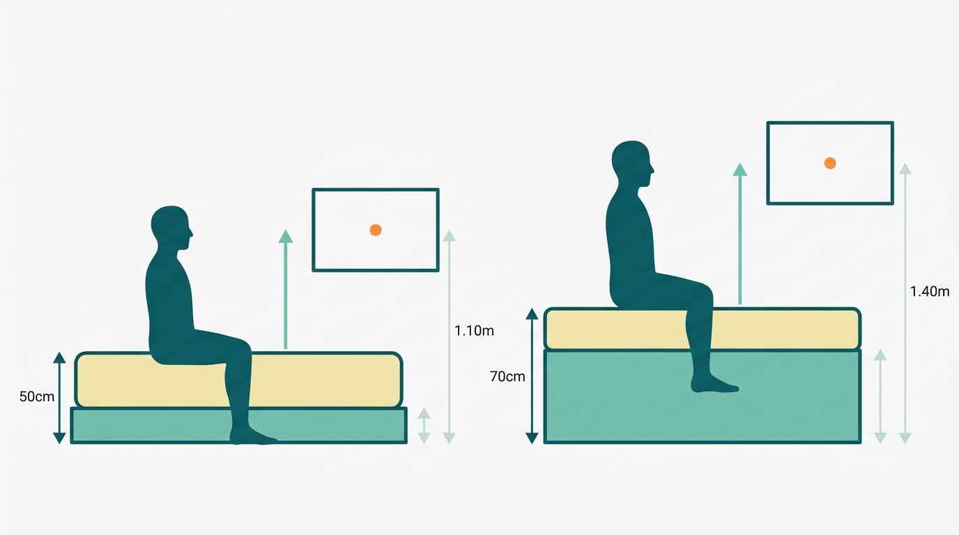 Flat vector diagram in landscape 16:9 on #F9F9F9 background showing two side-by-side bed cross-sections: left bed is a low-profile platform bed (thin base rectangle in #78C2B2, mattress in #F2E8B8 outlined in #008282, total ~50cm height) with a vertical arrow in #78C2B2 showing the eye-level of a seated faceless silhouette in #008282 aligning to a TV rectangle centered at ~1.10m floor height (center dot in #FF8A30); right bed is a taller sommier-style base (taller base rectangle in #78C2B2, mattress in #F2E8B8, total ~70cm height) with the silhouette's eye level correspondingly higher, aligning to a TV centered at ~1.40m (center dot in #FF8A30). Two small floor-to-TV-center measurement arrows in #CCE3D4. No text, no labels, orthographic side view, generous whitespace.