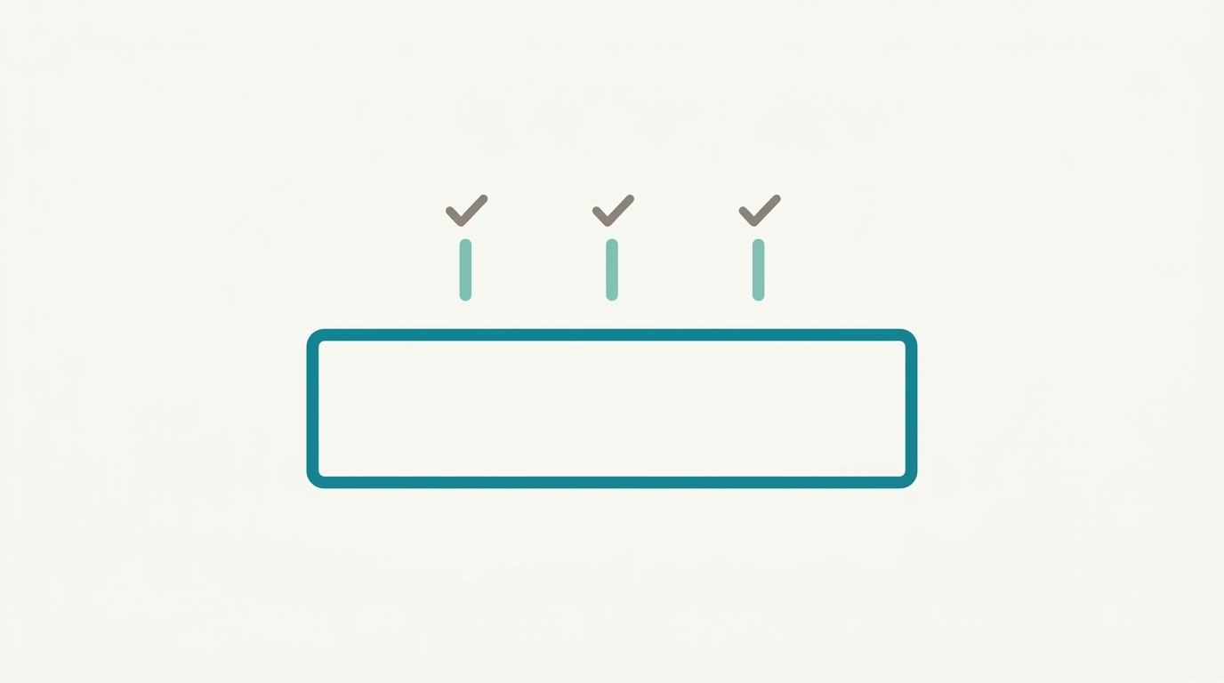 Flat vector diagram showing a simplified horizontal mattress rectangle in teal outline with three small vertical markers or indicators positioned above it in #78C2B2, each topped with a small tick in warm gray, suggesting a checklist of product verification points — clean off-white background, generous whitespace, no text, no icons, no bedroom context
