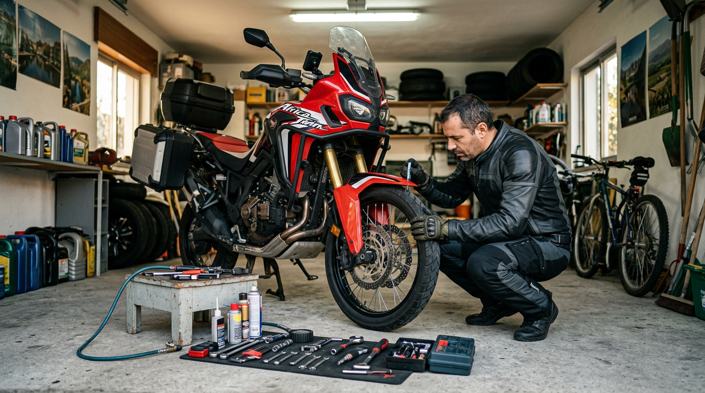 Motociclista a verificar o estado dos pneus e travões da sua mota numa garagem caseira, com ferramentas dispostas ao lado, preparação antes de uma viagem longa
