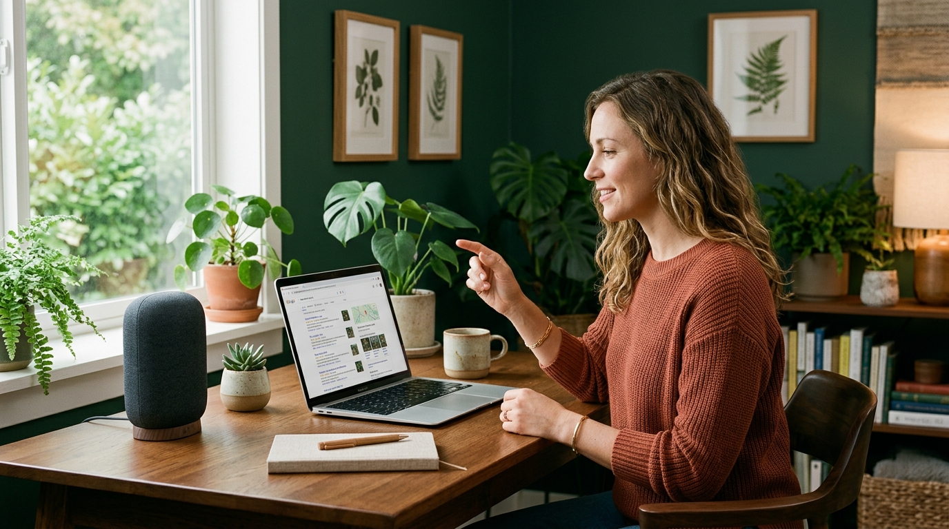 a person speaking into a smart speaker in a home office while a laptop shows a search results screen