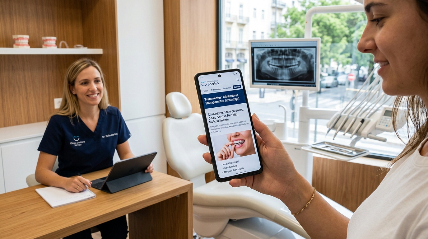 Fotografia de smartphone com website de clínica dentária aberto, página de tratamentos de alinhadores transparentes, mão a segurar o telemóvel em ambiente clínico moderno