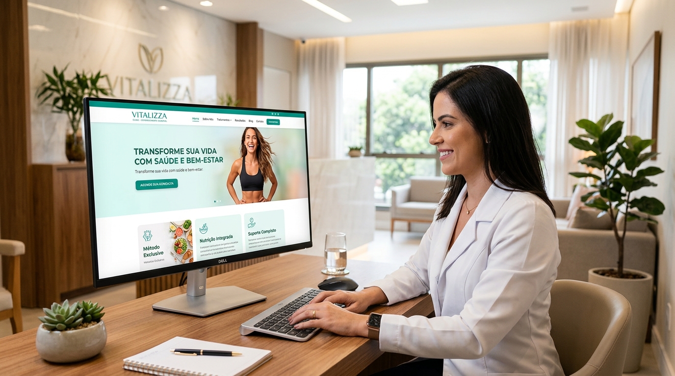 Fotografia de um website moderno de uma clínica de emagrecimento visível num computador desktop num ambiente clínico elegante, com design limpo e profissional