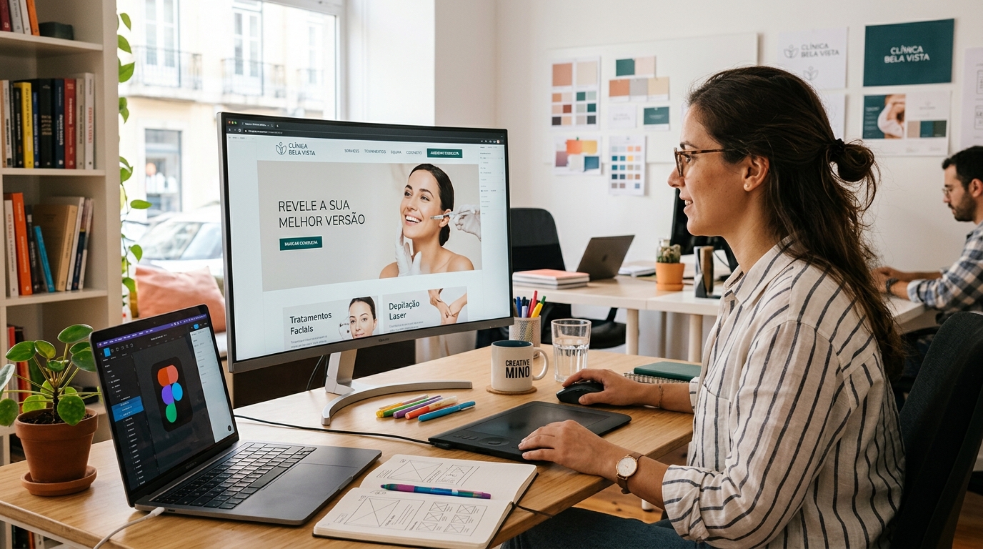 Fotografia de um designer a trabalhar num ecrã com o protótipo de um website de clínica de estética, interface limpa e moderna visível no monitor, ambiente de trabalho criativo e organizado