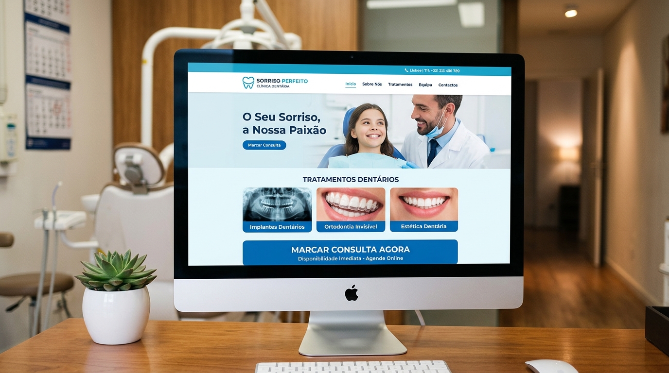 Fotografia de um ecrã de computador moderno num consultório a mostrar um website profissional de clínica dentária com design limpo, cores azuis e brancas, imagens de tratamentos e botão de marcação bem visível