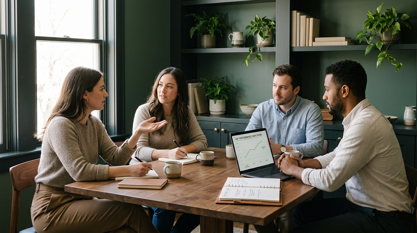 A small team gathered at a table with a laptop showing a simple KPI chart, notebooks, and a decision log, lit by soft natural light