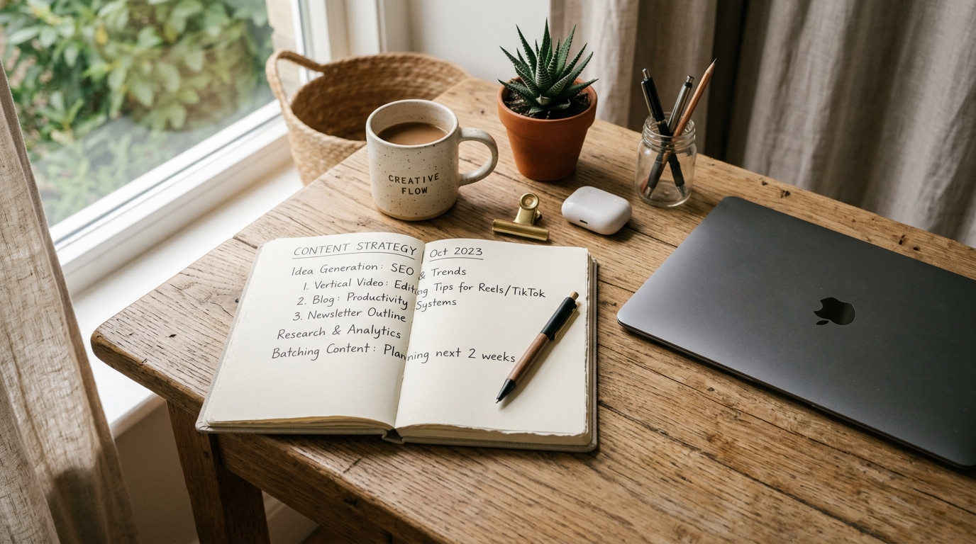 A warm, editorial flat-lay of an open notebook beside a minimal laptop on a natural wood desk, soft natural light streaming from the side, evoking calm creative focus and modern content operations