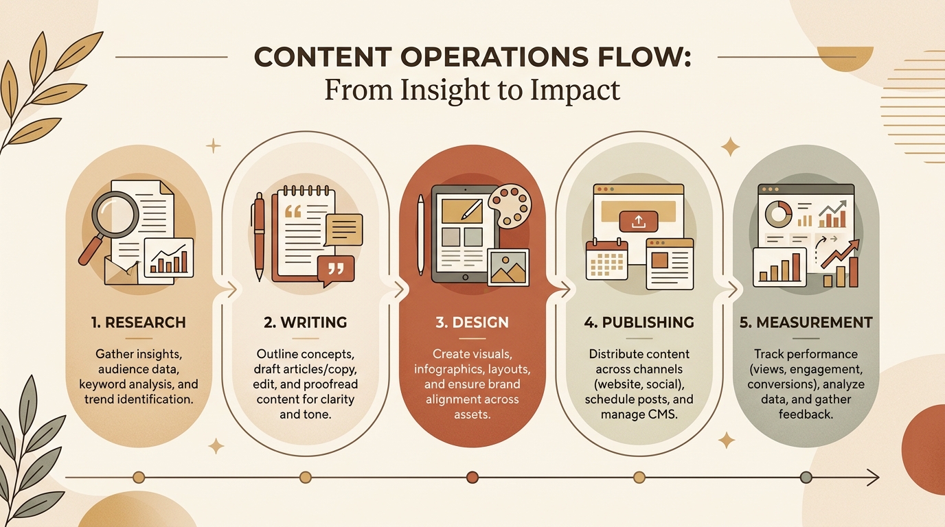 A clean, minimal diagram-style illustration showing the content operations flow from research to writing to design to publishing to measurement, warm neutral tones, editorial feel