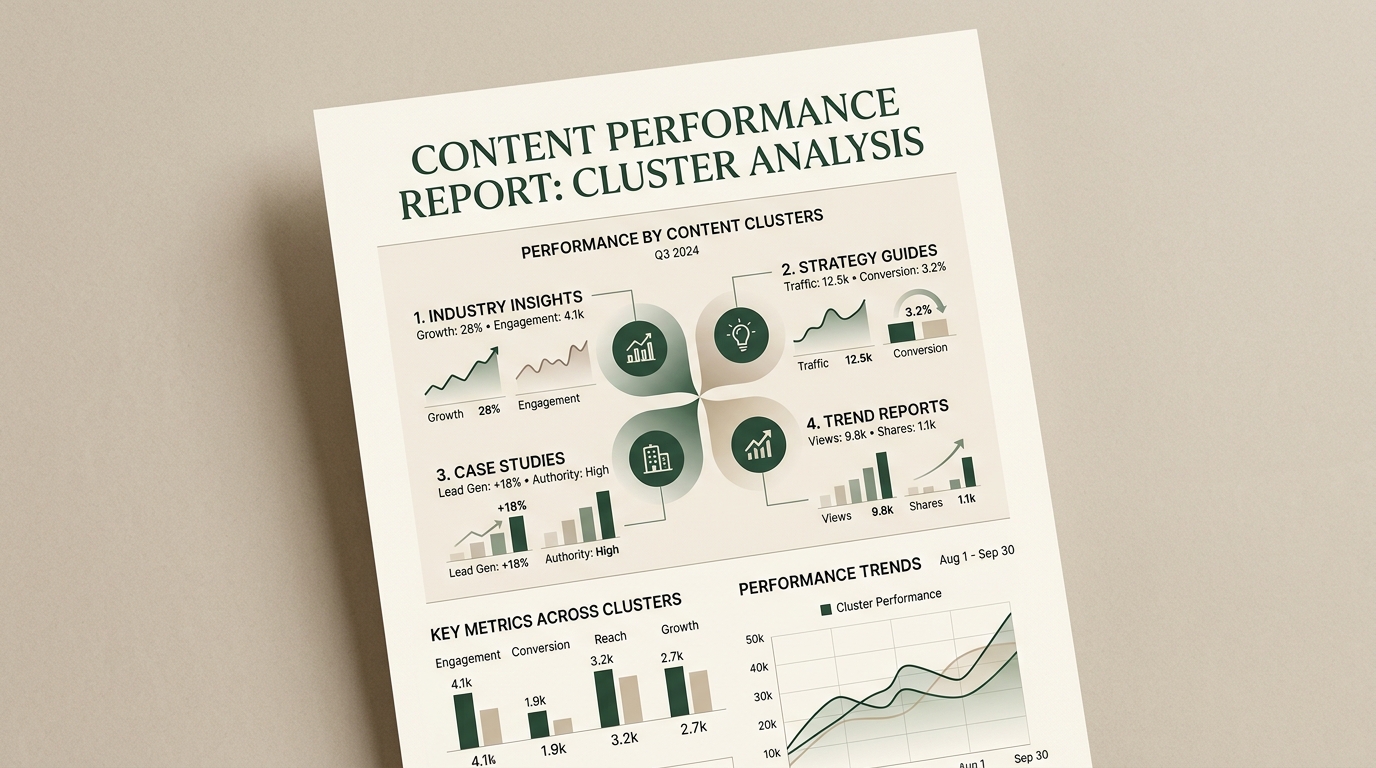 A minimal editorial-style mockup showing content performance data visualised across clusters, warm cream and forest-green palette, calm and professional