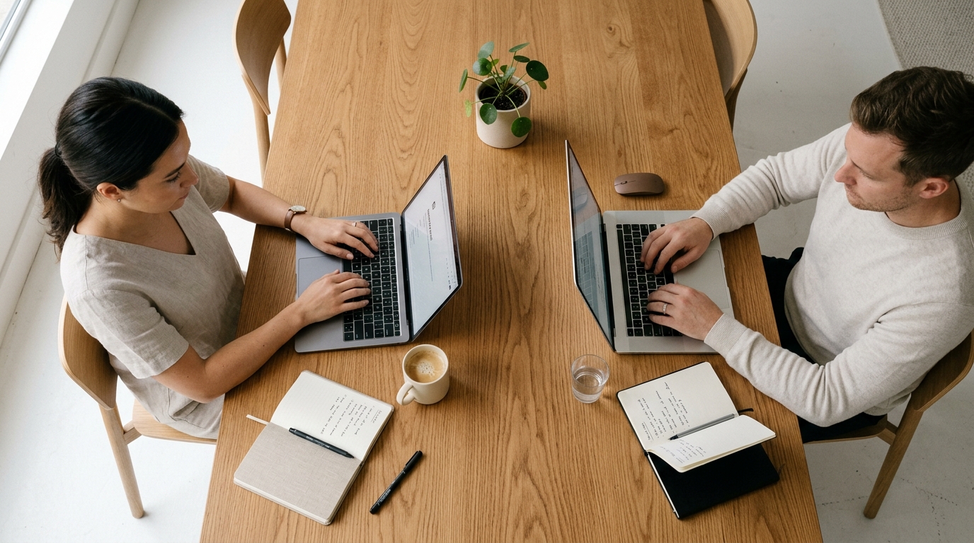 An editorial overhead shot of a minimal modern workspace with a laptop, coffee, and clean notebooks, warm wood and white tones, one or two people working calmly, conveying focused professional content work