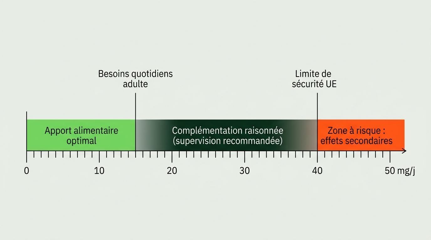 Schéma horizontal en ligne-art sur fond #EBEFE8. Une échelle graduée de 0 à 50 mg/j avec trois zones clairement délimitées : zone verte (#76DB5D) de 0 à 15 mg Apport alimentaire optimal, zone neutre (#002B14 atténué) de 15 à 40 mg Complémentation raisonnée (supervision recommandée), zone rouge (#FE581B) au-delà de 40 mg Zone à risque effets secondaires. Deux marqueurs verticaux : Besoins quotidiens adulte et Limite de sécurité UE. Typographie IBM Plex Sans Condensed, aucun texte long, composition très épurée.