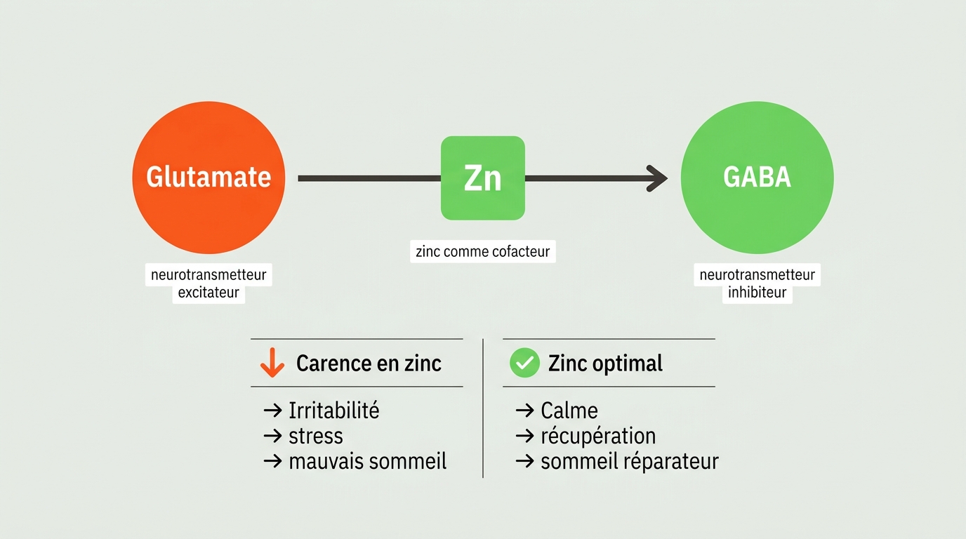 Schéma scientifique paysage sur fond #EBEFE8. Représenter une flèche de transformation simplifiée : à gauche Glutamate (cercle rouge #FE581B, neurotransmetteur excitateur) vers icône centrale Zn (zinc comme cofacteur, en #76DB5D dans un carré) vers à droite GABA (cercle vert #76DB5D, neurotransmetteur inhibiteur). En dessous : deux colonnes comparatives très épurées : Carence en zinc vers Irritabilité, stress, mauvais sommeil vs Zinc optimal vers Calme, récupération, sommeil réparateur. Typographie IBM Plex Sans Condensed, labels très courts, aucun réalisme anatomique, style éditorial scientifique minimaliste.